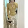 Suéter de punto acanalado con cuello Henry de media botonadura para mujer, otoño e invierno, corte ajustado, adelgazante, manga larga, top base de temperamento