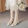 Zapatos de tacón alto franceses de piel suave para mujer, nuevo estilo de otoño 06, puntera cuadrada poco profunda versátil, tacón medio, adecuados para entrevistas y desplazamientos, zapatos de tacón grueso de un solo color