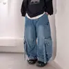 Calça Jeans Workwear para Meninos 2026 Outono Nova Calça Larga Infantil Modelagem Solta para Crianças Maiores com Fitas, Estilosa e Descolada