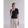 Camiseta Polo de Punto Negra con Solapa Francesa para Mujer, Verano, Ajustada, Seda de Hielo, Manga Corta, Top Delgado