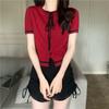 Suéter Pulôver de Gola Redonda com Cadarço Camiseta de Manga Curta Estilo Novo de Verão para Mulheres Chique Versátil Slim-fit Top de Botão Único para Mulheres