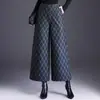 Calça de Lã Xadrez Elegante de Pernas Largas Feminina 2026 Outono/Inverno Nova Cintura Alta Cobre o Quadril Cropped Estilosa Versátil Calça Casual