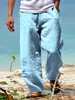 Pantalones Casuales de Algodón y Lino Europeos y Americanos Transfronterizos Primavera Hombres Sueltos de Algodón y Lino con Cordón Hip-Hop Pierna Ancha Rectos Hombres Nuevo Estilo