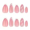 Manicura Francesa Blanca Clásica Uñas Portátiles Simples Cortas con Forma de Almendra Brillo Plateado Rayas Onduladas Uñas Postizas