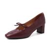 Han Feng Sencillo Top Versátil Zapatos Mary Jane con Lazo de Piel de Oveja Primavera 2025 Tacón Medio Grueso Punta Cuadrada Piel Genuina de una Sola Capa para Mujer