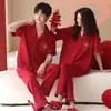 Pijama Rojo de Pareja para Boda, Cárdigan, Pantalón de Manga Corta, Talla Grande, Se Puede Usar Afuera, Conjunto de Dos Piezas de Algodón, Ropa de Casa Cómoda