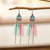 Brincos de Pena Boêmios Europeus e Americanos, Brincos de Franja Estilo Étnico Exagerado Retrô para Feriados, Acessórios de Viagem de Yunnan para Mulheres