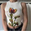Camisola Sexy Estampado de Plantas y Flores Estilo Americano Ajustada Verano Deportes Sin Mangas para Mujer