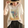 # 603 Camiseta de Algodão e Linho Estampada de Verão para Mulheres com Gola Redonda e Mangas Curtas