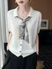 Top vintage de linho de bambu de sete pontos com manga curta e decoração de gravata lenço, texturizado e respirável, adequado para primavera e verão, estilo versátil e artístico