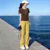 Pantalones de trabajo estilo europeo, traje deportivo para mujer, nueva moda de verano 2026, elegante conjunto de dos piezas con estampado de letras y manga corta