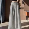Pantalones de pierna ancha a rayas de algodón, seda de hielo y lino para mujer, estilo fino de verano, cintura alta para petite, adelgazantes, corte recto holgado, pantalones fluidos hasta el suelo