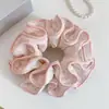 Scrunchie de camada dupla com babados estilo coreano para mulheres, floral rosa e azul, acessório de cabelo casual oversized, novo elástico de cabelo