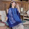 Lenço Estilo Étnico Estampado Tie-Dye Imitação Yunnan para Mulheres Vintage Famoso Estilo Étnico Porcelana Azul e Branca Poncho Protetor Solar Xale Grande Lenço de Seda