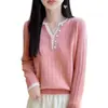 Cárdigan de punto de lana pura de dos piezas sintéticas para mujer, nuevo otoño/invierno, cuello semiv profundo, manga larga, bloque de color, botones, tejido de canalé