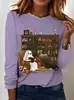 Nova T-shirt Estampada de Manga Longa com Desenho de Fantasma Cartoon para Halloween Feminina Gola Redonda Solta Casual Estilo Outono Inverno