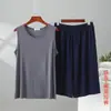 Novo conjunto de verão masculino de modal plus size com shorts de cintura elástica, conjunto casual para casa, conjunto de duas peças solto e oversized