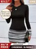 Personalización Transfronteriza Estilo Europeo y Americano Cuello Redondo Manga Larga Patchwork Estampado Bodycon Vestido Corto con Puños Geométricos y Cuerpo del Vestido Estampado