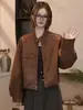 Chaqueta corta de cuero flocado retro para mujer, nuevo estilo otoño 2026, versátil, adelgazante, cuello alto, top chaqueta elegante