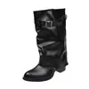 Botas largas de punta para mujer, nuevo estilo 2026, versátiles botas negras plisadas con tachuelas, hebilla de cinturón y diseño de pierna ancha