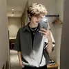 Camisa Masculina Listrada de Manga Curta com Decote em V Falsa de Duas Peças Estilo Americano, Verão, Toque de Luxo, Caimento Ajustado, Estilo Old Money, Camisa de Meia-Manga