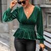 Amazon Europeu e Americano Transfronteiriço Feminino Outono Elegante Blusa Gola V Manga Longa Cor Sólida Top de Veludo Feminino