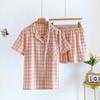 Verão Feminino Manga Curta Shorts Algodão Roupa de Casa Lavável Algodão Pijama conjunto tamanho grande Xadrez Casual Fino