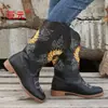 Botas de Caballero Altas Bordadas con Girasol Vintage para Mujer, Estilo Europeo y Americano, Punta Redonda, Tacón Grueso, Botas Largas