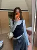 Chic y única camiseta azul de dos piezas de manga larga estilo coreano para mujer, perfecta para principios de otoño, un top deslumbrante y hermoso para llevar sola