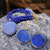Conjunto de colar e brincos retrô europeu e americano de lápis-lazúli, gota d'água, redondo, pingente com borda dourada, joias transfronteiriças, senso de alto nível