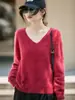 Suéter de punto sin costuras de lana pura listo para usar de primera línea para mujer, top de punto cepillado con cuello en V, estilo otoño e invierno, suéter holgado de ajuste relajado