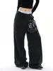 Calça Jogger Retro Americana com Estampa de Letras Desgastadas para Homens e Mulheres, Design Versátil Ampla e Solta Casual Calça Reta