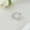 Anillo Nuevo de Plata de Ley S925 para Mujer con Perlas de Cuentas Flor de Hielo 7*7 Corte Zirconia Anillo Abierto Ajustable