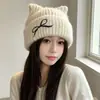 Gorro de punto personalizado, gorro adelgazante, gorro de lana para mujer con temática de gato para otoño e invierno con orejas, lindo gorrito bordado pequeño