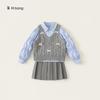 Ropa Infantil Niña Estilo Preppy Traje Primavera y Otoño Chaleco de Tirantes de Punto con Lazo Camisa Falda Plisada Conjunto de Tres Piezas para Niña