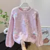 Nuevo Suéter de Color Degradado para Primavera, Otoño e Invierno con Flor Tridimensional Súper Bonita para Mujer, Top de Punto Casual de Moda con Cuello Redondo