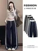 Pantalones de otoño para mujer estilo americano con colores contrastantes, de cintura alta, corte holgado, pantalones largos casuales con raya lateral, estilo casual, pantalones de chándal de pierna ancha adelgazantes