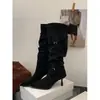 Botas Chuyuji de Tacón de Aguja con Puntera Puntiaguda Plisadas y Fruncidas para Mujer, Botas Vaqueras Occidentales con Hebilla de Cinturón, Botas de Caballero, Botas Largas