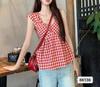Camisola francesa retro con cuadros contrastantes para mujer, falda dulce de verano, camisa de muñeca sin mangas que cubre el vientre, top pequeño