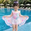 Vestido de Baño de Princesa con Tirantes de Ala Grande de Tul para Niñas Verano 2026 Nuevo Traje de Baño Dulce para Vacaciones en la Playa Infantil