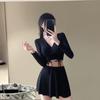 Traje de Baño Dividido para Mujer de Dos Piezas Color Sólido Falda Hada Abanico Adelgazante Cubre Vientre Manga Larga Protector Solar Deportivo Bóxer Traje de Baño