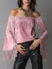 Top vintage europeu e americano com franjas para mulheres, nova camiseta de camurça de um ombro com manga sino estilo western, ombro a ombro