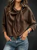 Camisa feminina moderna de estilo europeu e americano com laço para amarrar e gola fluida, top de manga longa para outono e inverno