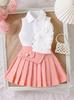 2025 Verão Novo Traje Feminino Amazon Europa e Estados Unidos Roupa Infantil Gola Lapela Sem Manga Saia Plissada Cor Vermelho Rosa