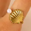 Anel de Aço Inoxidável com Pérola de Zircônia Estilo Oceano Cruzado Europeu e Americano Anel de Estrela do Mar Concha Búzio Joia de Mão Elegante para Mulheres