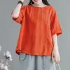 Algodão Manga Curta Feminino Bordado Algodão Linho Gola Redonda Verão Novo Solto Tamanho Grande Roupas Femininas Camiseta Pulôver Top Feminino Tendência
