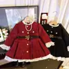 Vestido Infantil Estilo Pequeno Chanel, Outono e Inverno Acolchoado com Lã Espesso Vestido Vermelho de Princesa para Aniversário, Roupa de Aniversário Infantil com Jaqueta Acolchoada