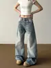 Jeans Azules Vintage Lavados Sueltos para Mujer, Nuevo Estilo de Verano, Pantalones de Pierna Ancha de Cintura Alta hasta el Suelo, Pantalones Curvos