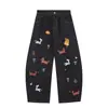 Moda Coreana Estilo Primavera Dibujos Animados Bordado Guadaña Pantalones Sueltos Casuales Tendencia Juvenil Jeans Unisex