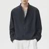 Camisa de Lino Tencel Estilo Old Money para Hombre, Corte Americano Holgado, Cuello Mao, Manga Larga, Color Sólido Vintage, Atuendo Estilo Esposo
